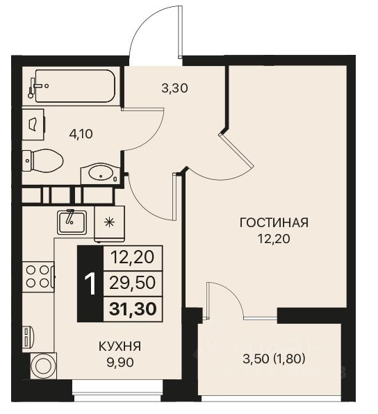 1-комн.кв., 31,3 м², 4/12 этаж