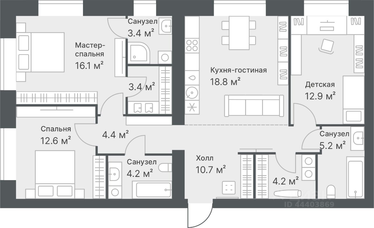 3-комн.кв., 95,9 м², 2/14 этаж