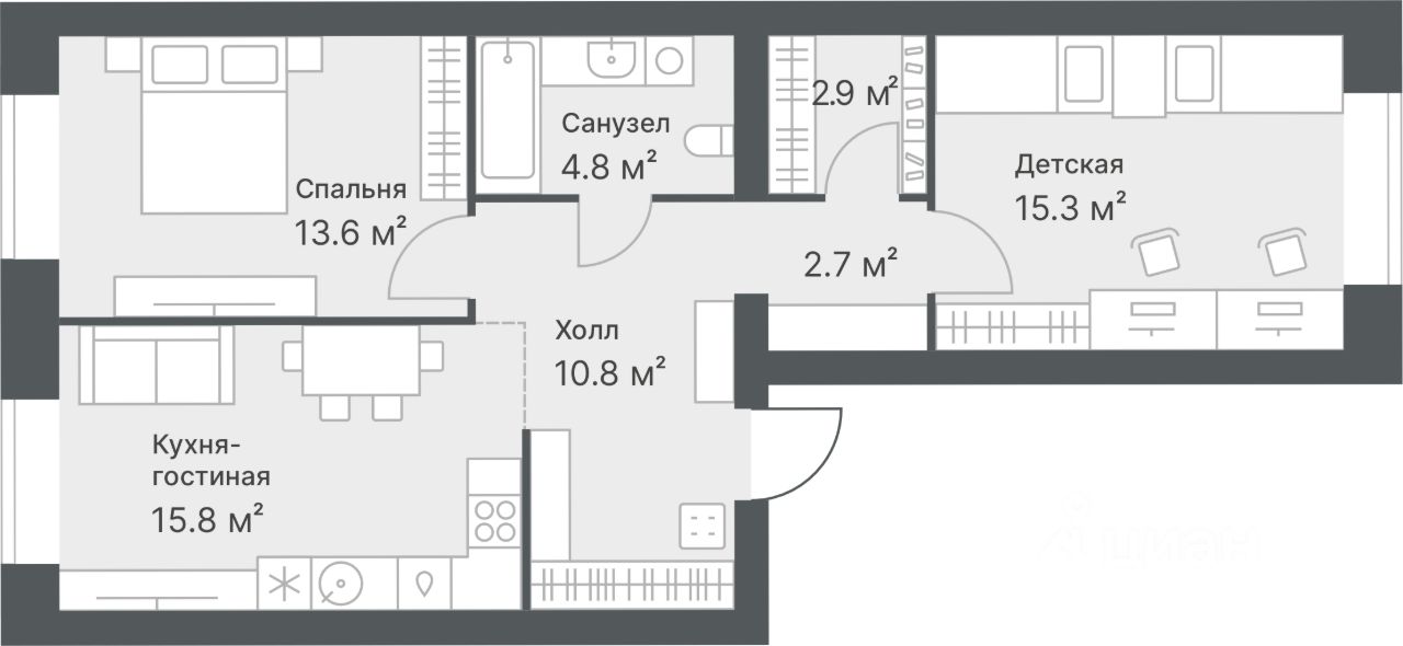 2-комн.кв., 65,9 м², 6/14 этаж