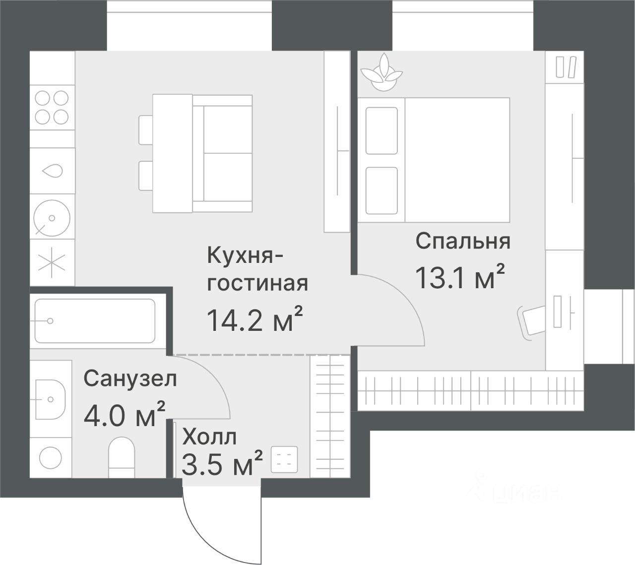 2-комн.кв., 34,8 м², 3/8 этаж