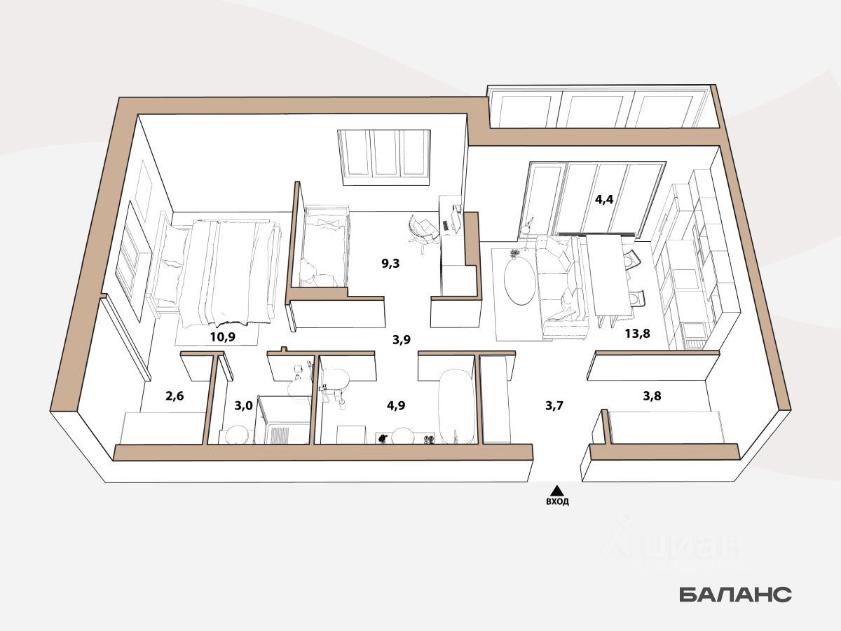 2-комн.кв., 55,9 м², 22/23 этаж