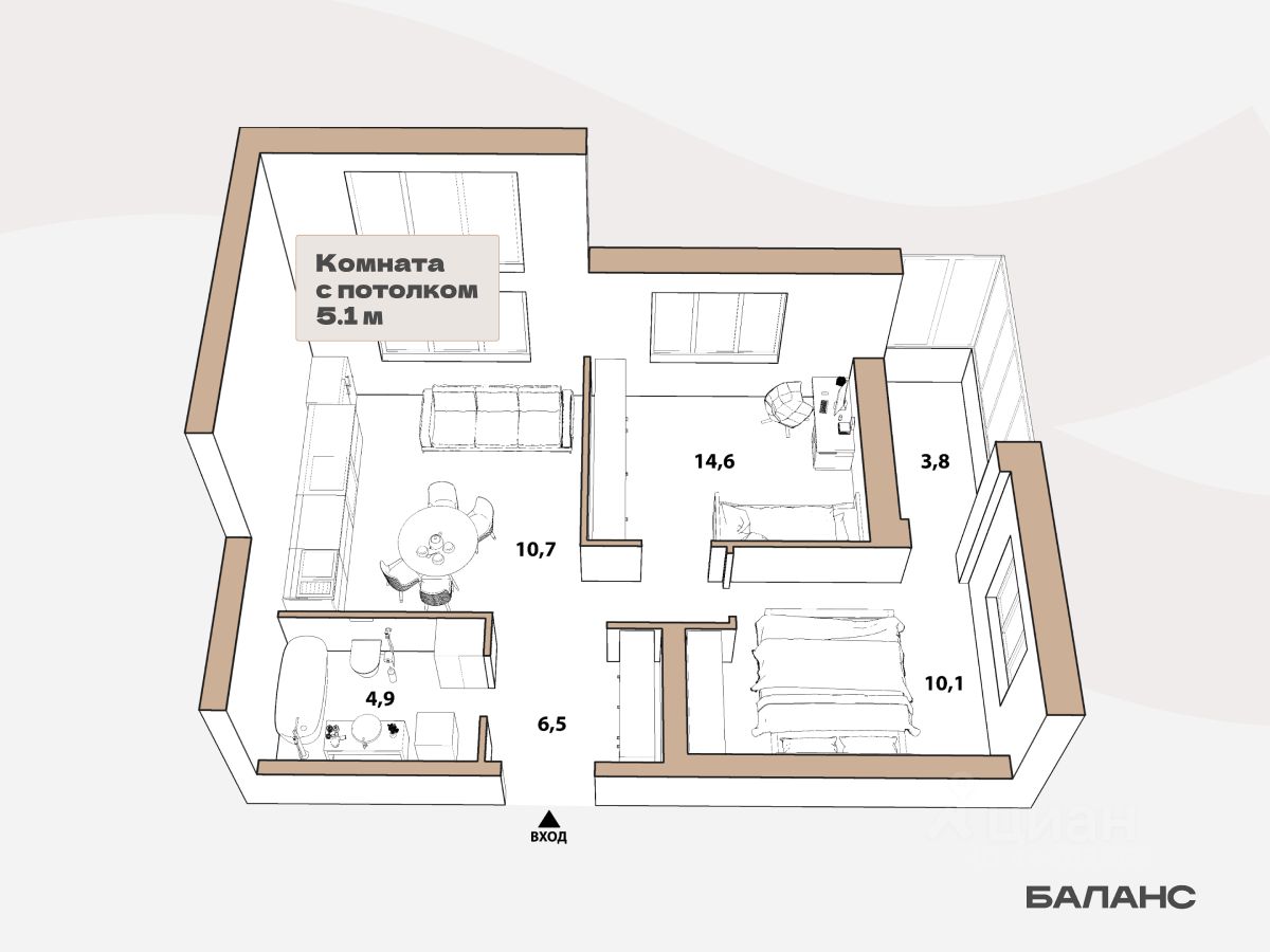 2-комн.кв., 46,8 м², 23/23 этаж