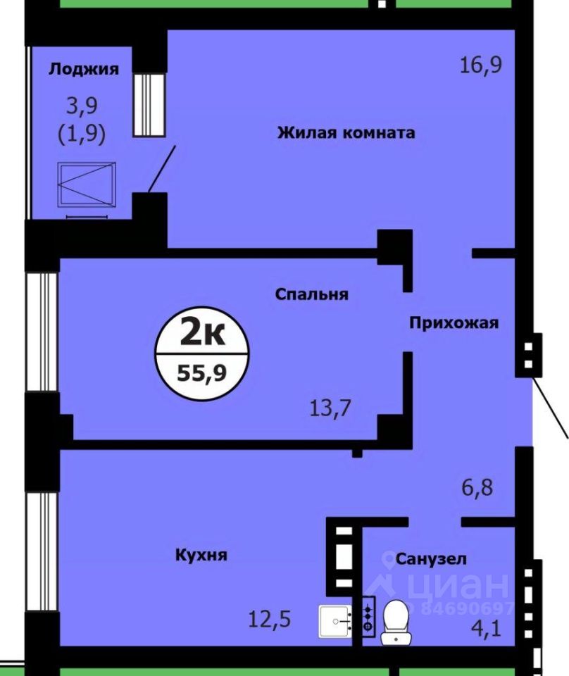 2-комн.кв., 56,6 м², 20/26 этаж