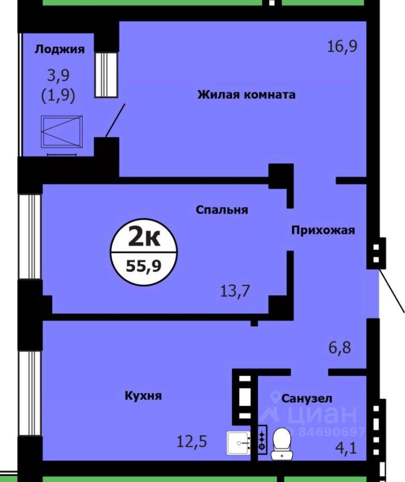 2-комн.кв., 56,6 м², 22/26 этаж