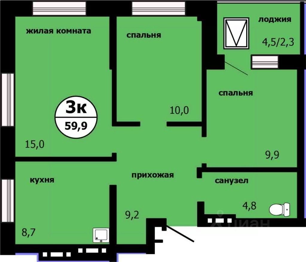 3-комн.кв., 58,8 м², 18/19 этаж
