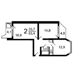 2-комн.кв., 54 м², этаж 4
