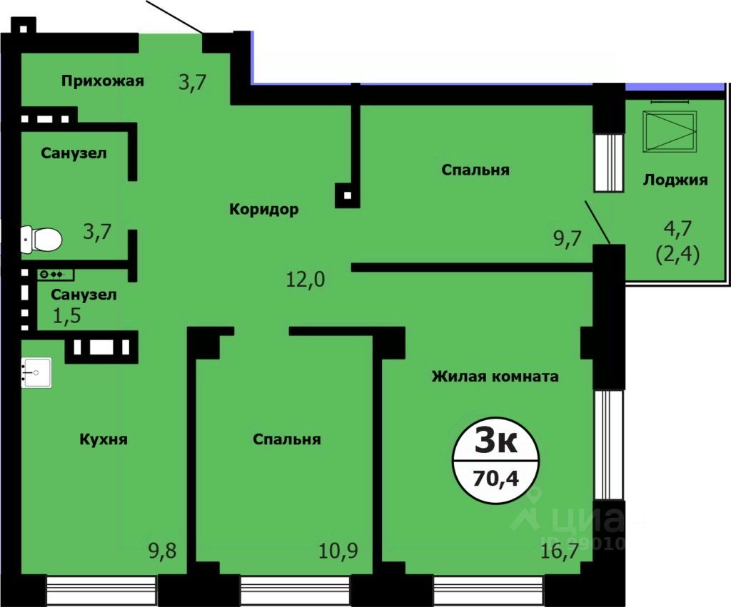 3-комн.кв., 71,7 м², 22/26 этаж
