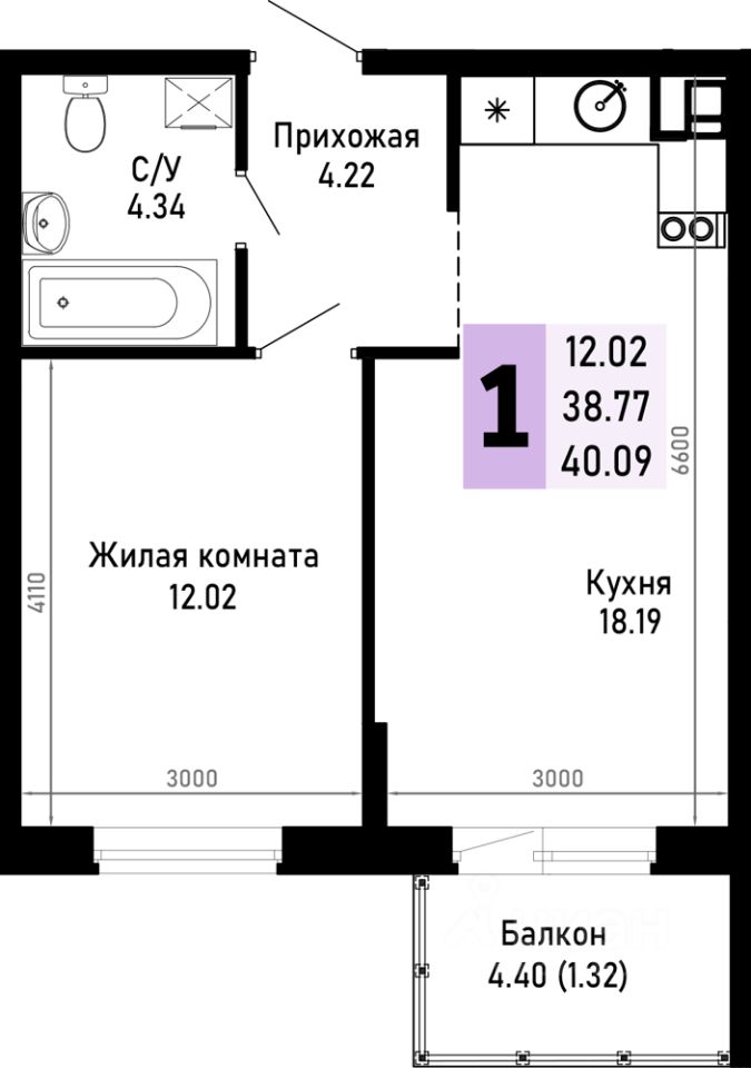 1-комн.кв., 40,1 м², 2/4 этаж