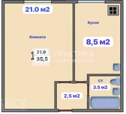 1-комн.кв., 36 м², этаж 2