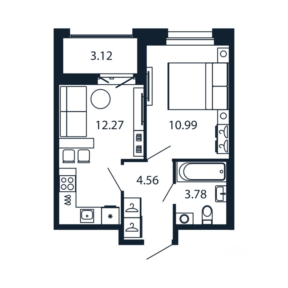 1-комн.кв., 30,8 м², 9/12 этаж