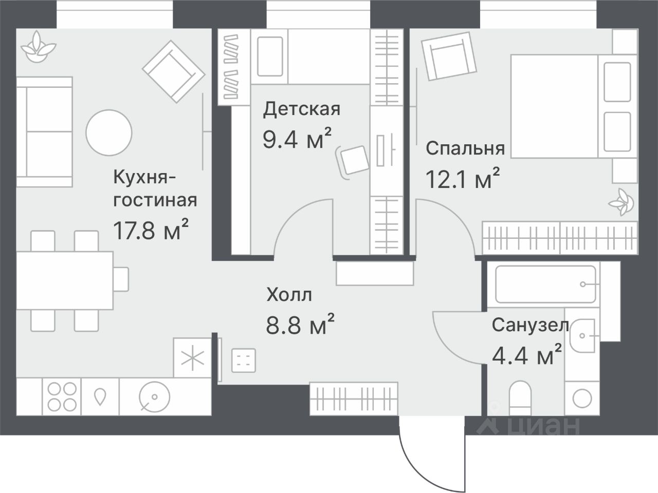 2-комн.кв., 52,9 м², 7/14 этаж