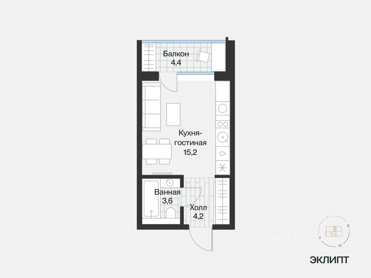 Студия, 25,2 м², 2/4 этаж