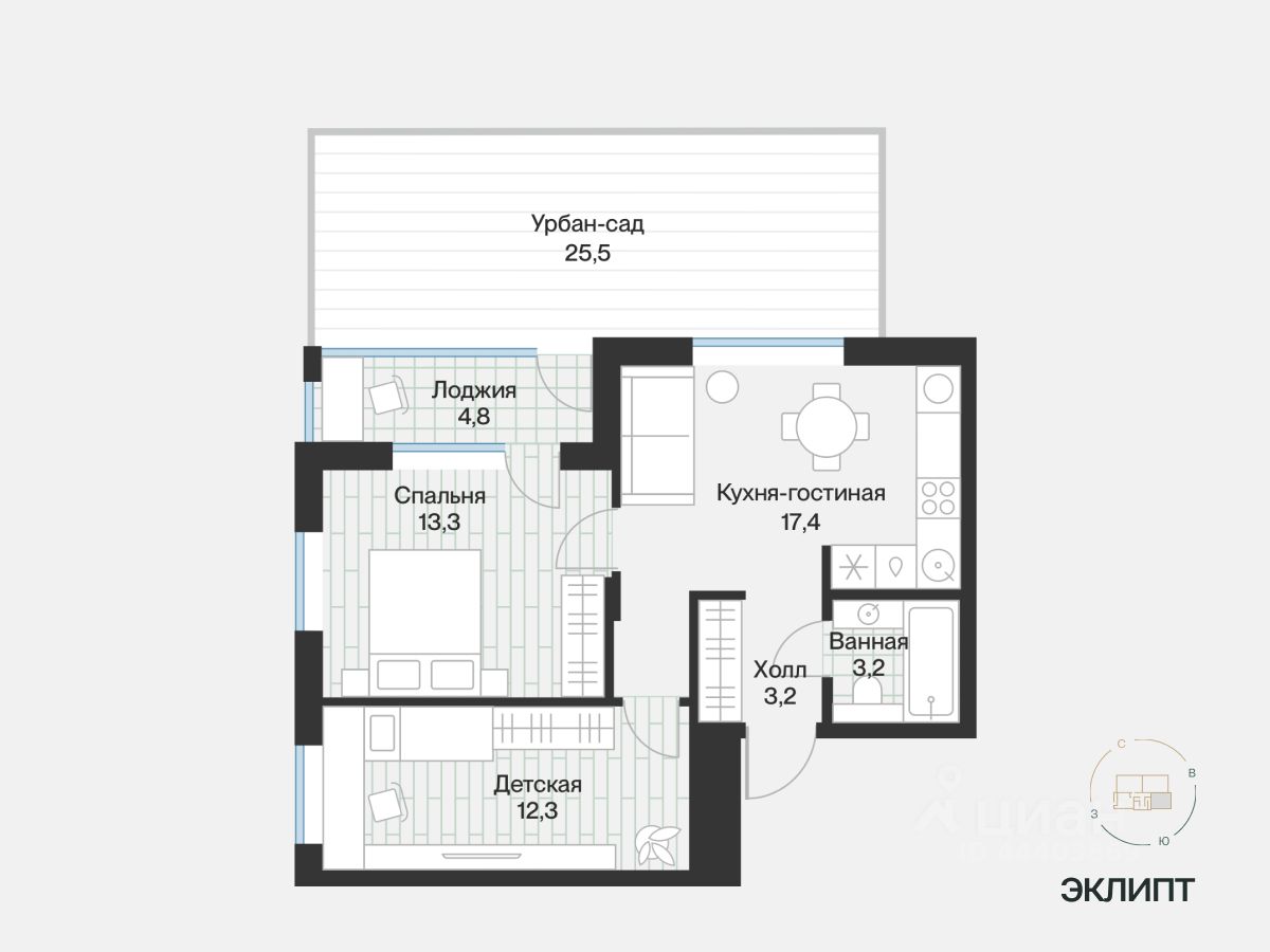 2-комн.кв., 51,8 м², 1/4 этаж