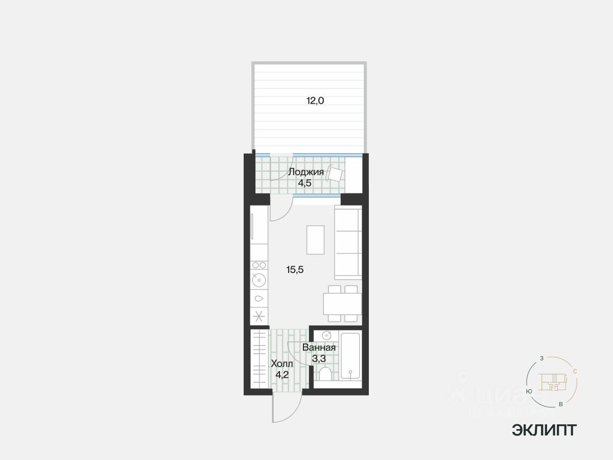 Студия, 25,2 м², 1/4 этаж