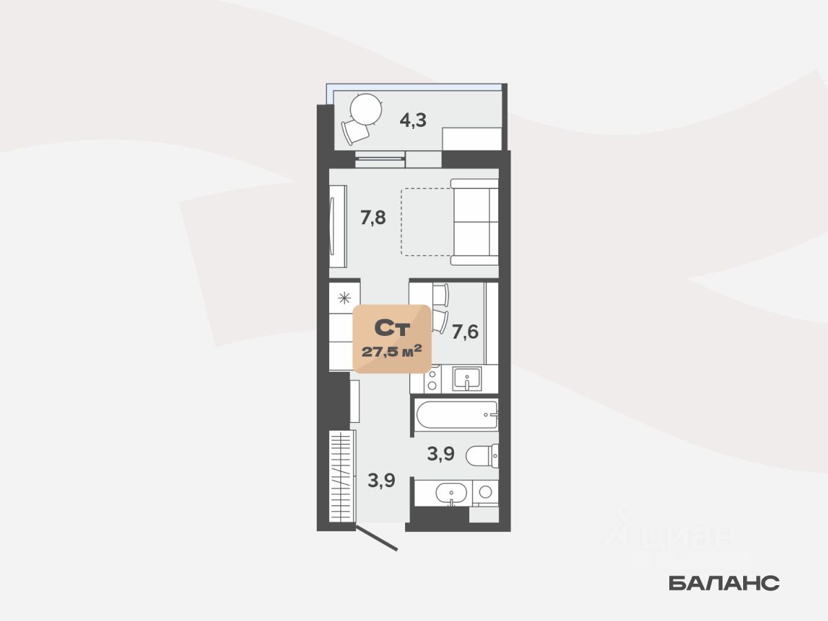 1-комн.кв., 25,4 м², 10/17 этаж