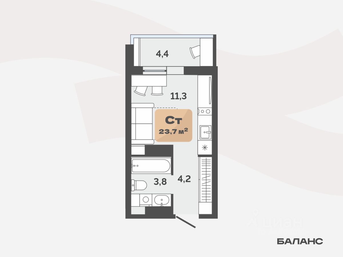 Студия, 21,5 м², 12/17 этаж