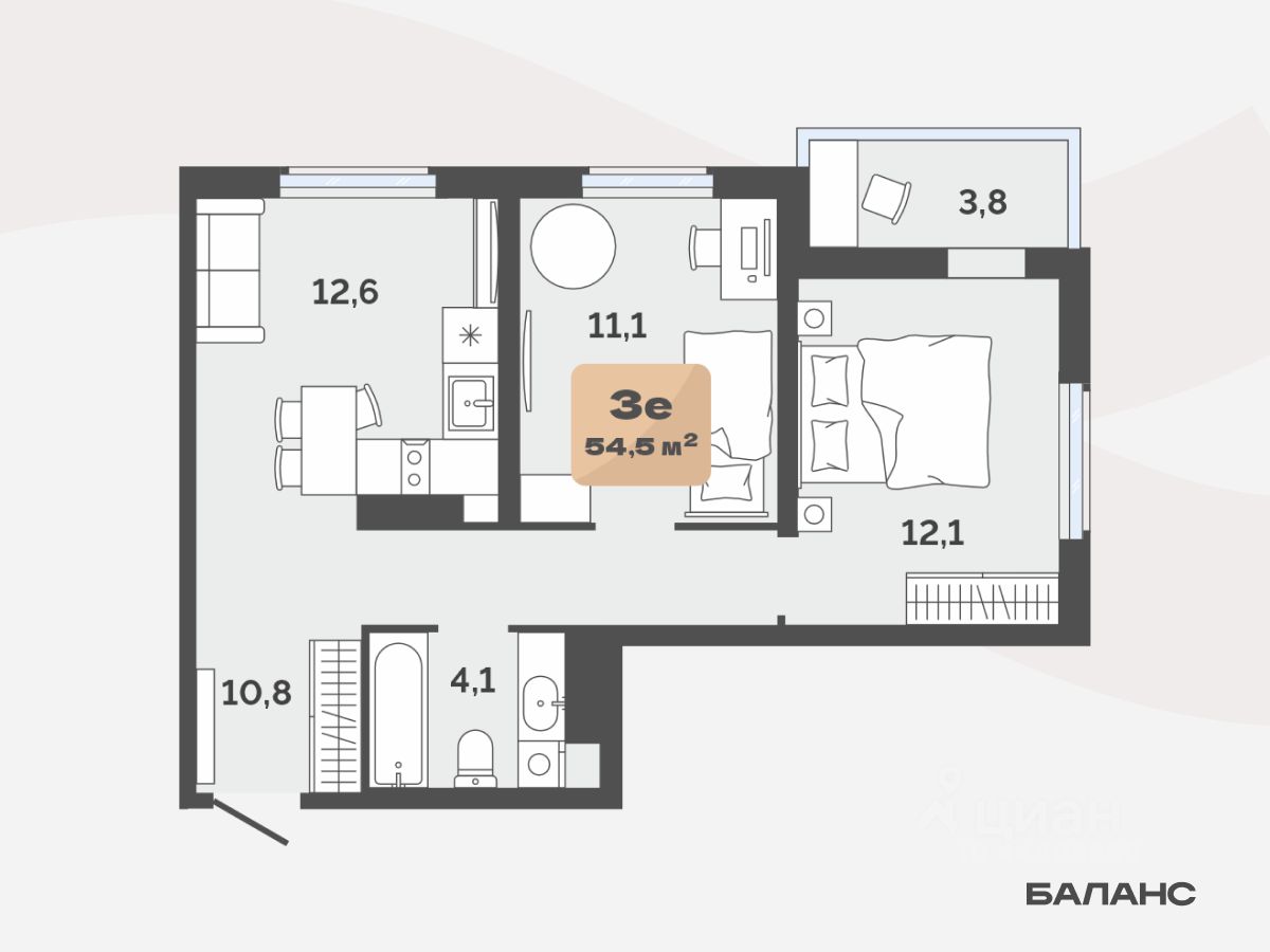2-комн.кв., 52,6 м², 15/17 этаж
