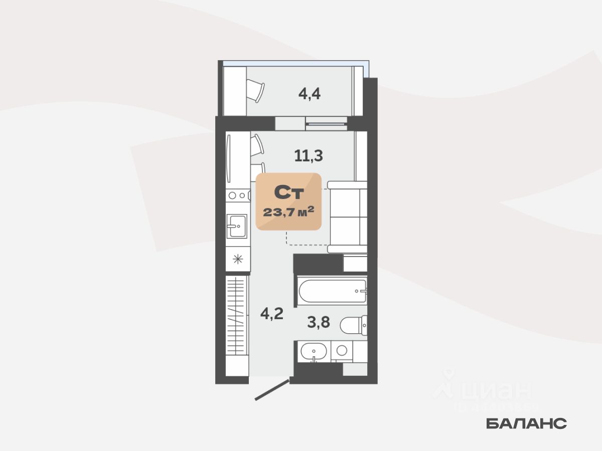 Студия, 21,5 м², 9/17 этаж