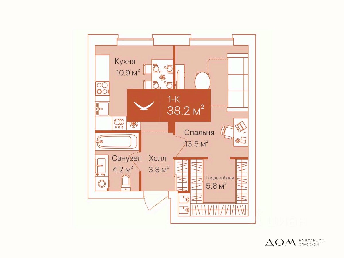 1-комн.кв., 38,2 м², 16/16 этаж
