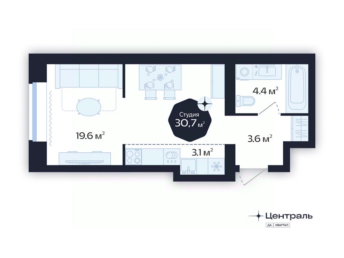 Студия, 30,7 м², 6/16 этаж