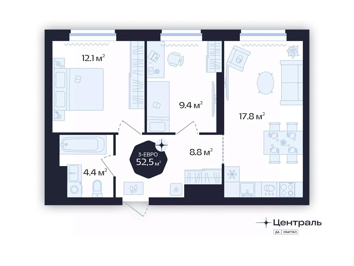 2-комн.кв., 52,5 м², 14/16 этаж