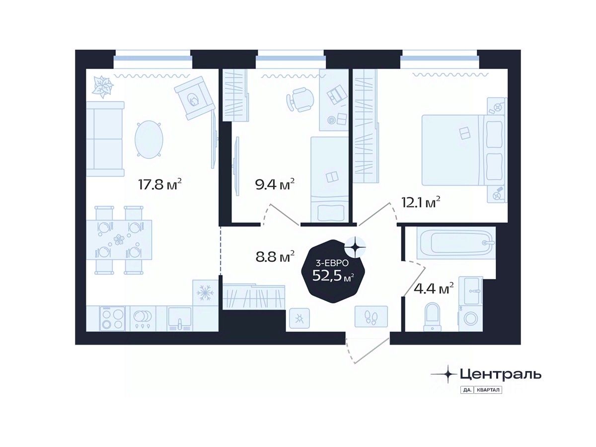 2-комн.кв., 52,5 м², 12/16 этаж