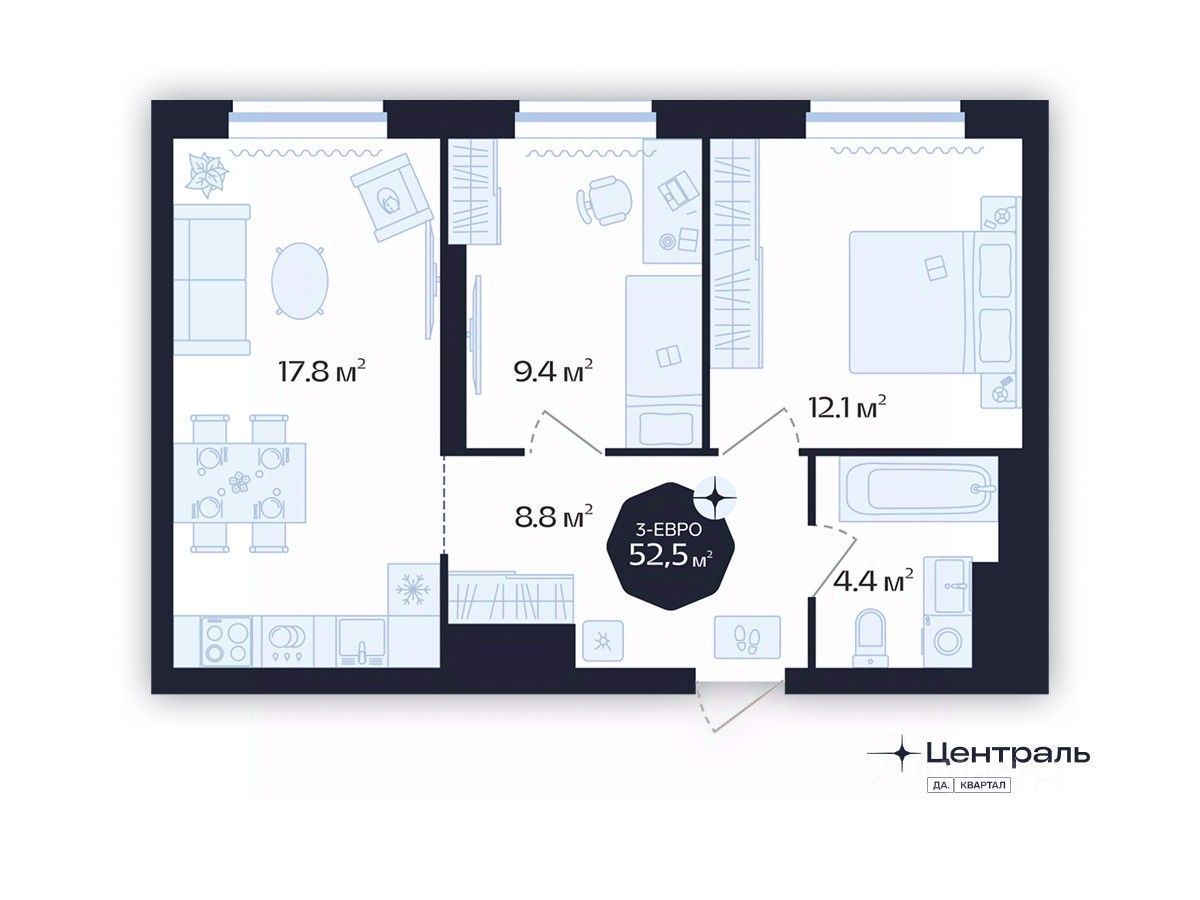 2-комн.кв., 52,5 м², 13/16 этаж