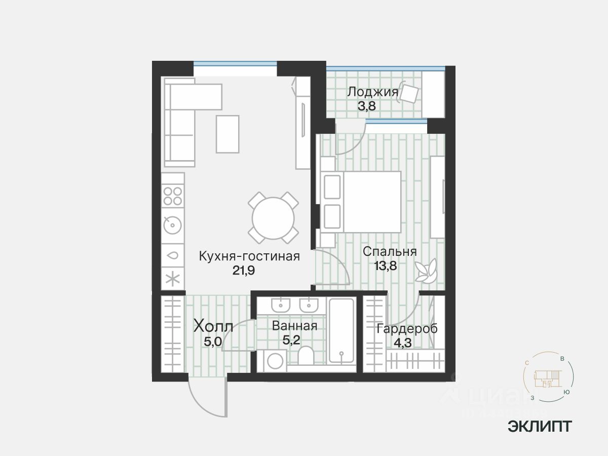 1-комн.кв., 52 м², 4/4 этаж