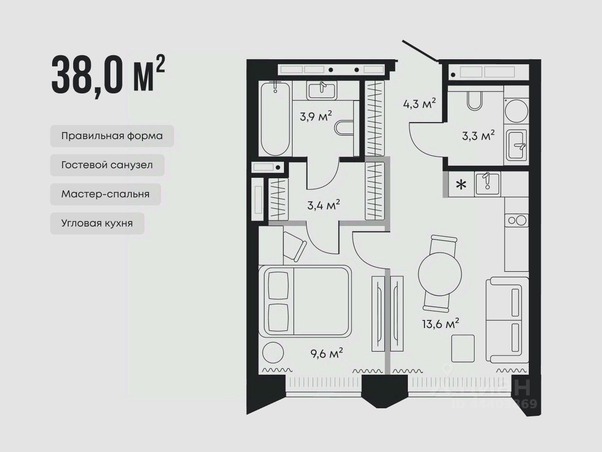1-комн.кв., 38,1 м², 3/9 этаж