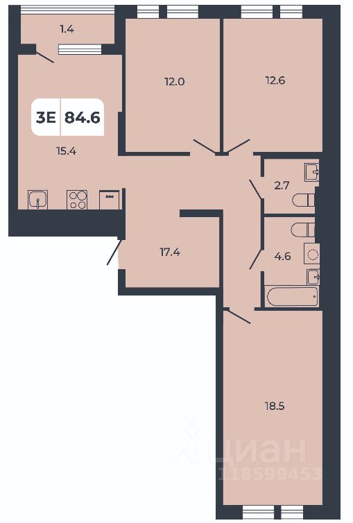 3-комн.кв., 84,6 м², 7/17 этаж