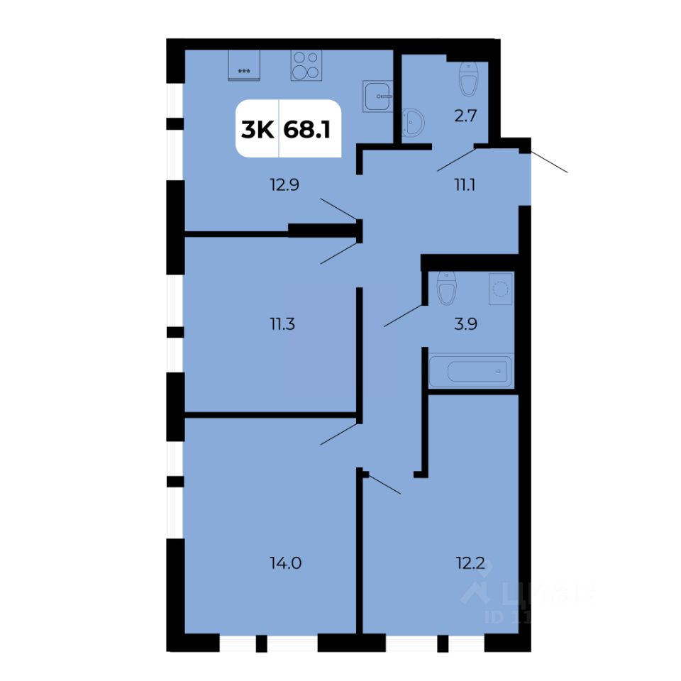 3-комн.кв., 68,1 м², 15/19 этаж
