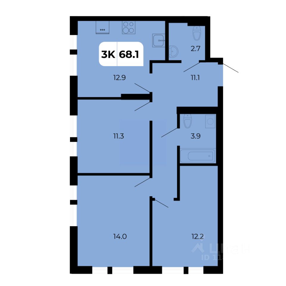 3-комн.кв., 68,1 м², 18/19 этаж