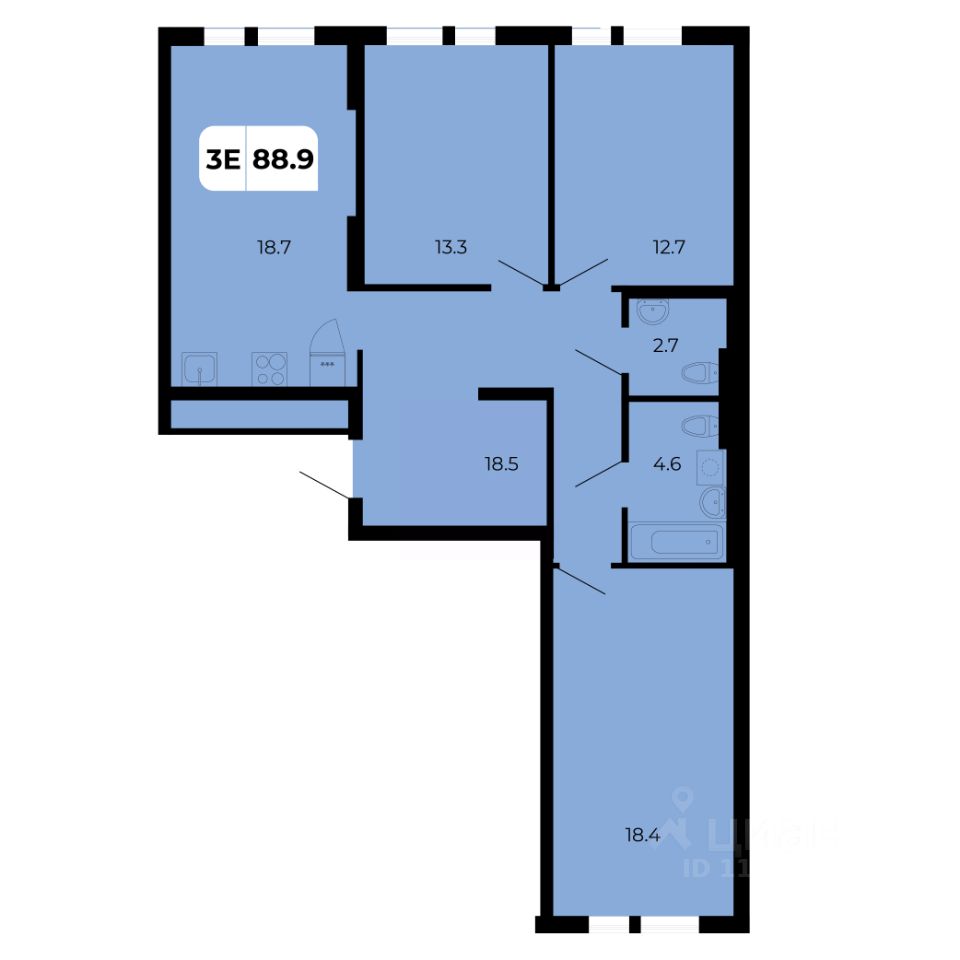 3-комн.кв., 88,9 м², 2/19 этаж