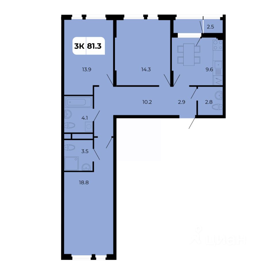 3-комн.кв., 81,3 м², 12/17 этаж