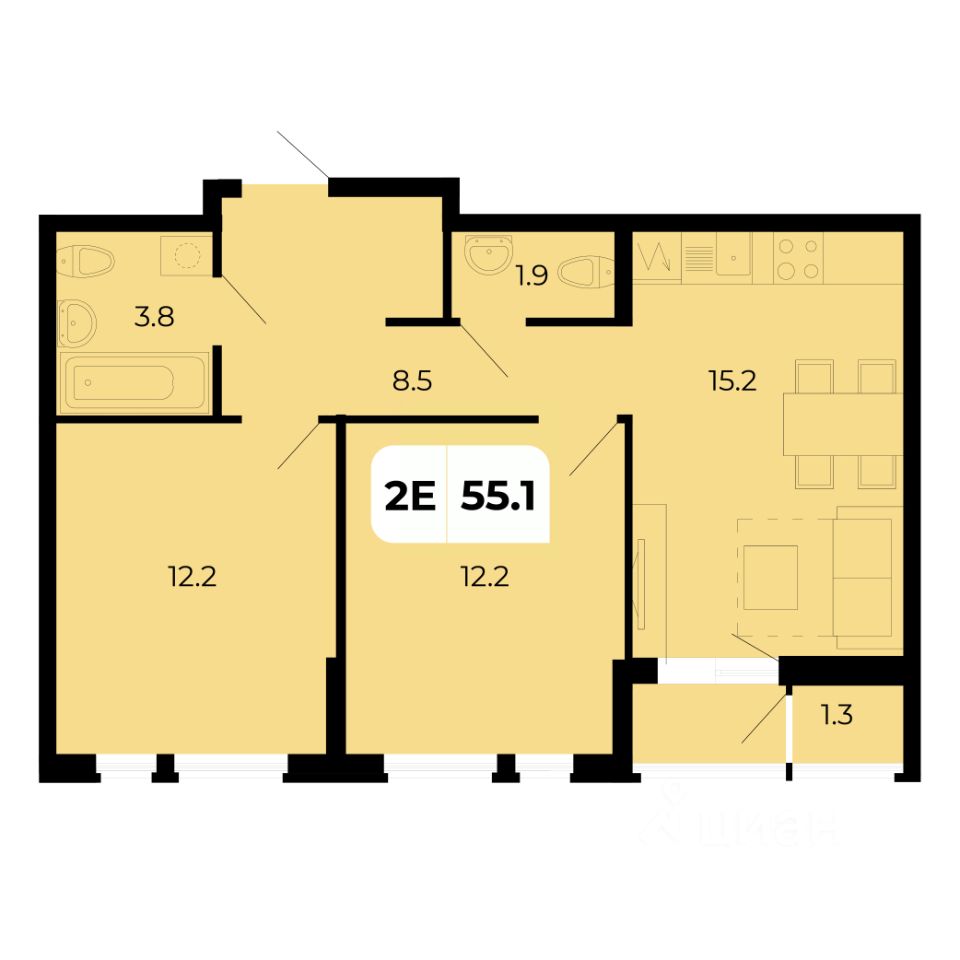 2-комн.кв., 55,1 м², 16/18 этаж
