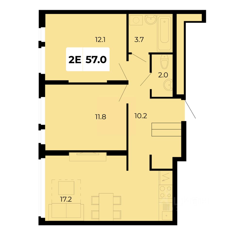 2-комн.кв., 57 м², 1/18 этаж