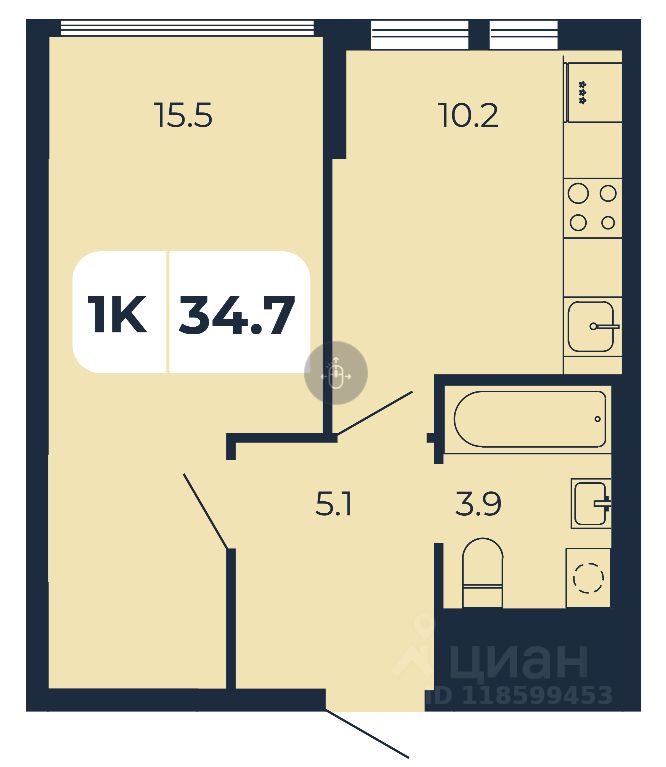 1-комн.кв., 34,7 м², 1/17 этаж