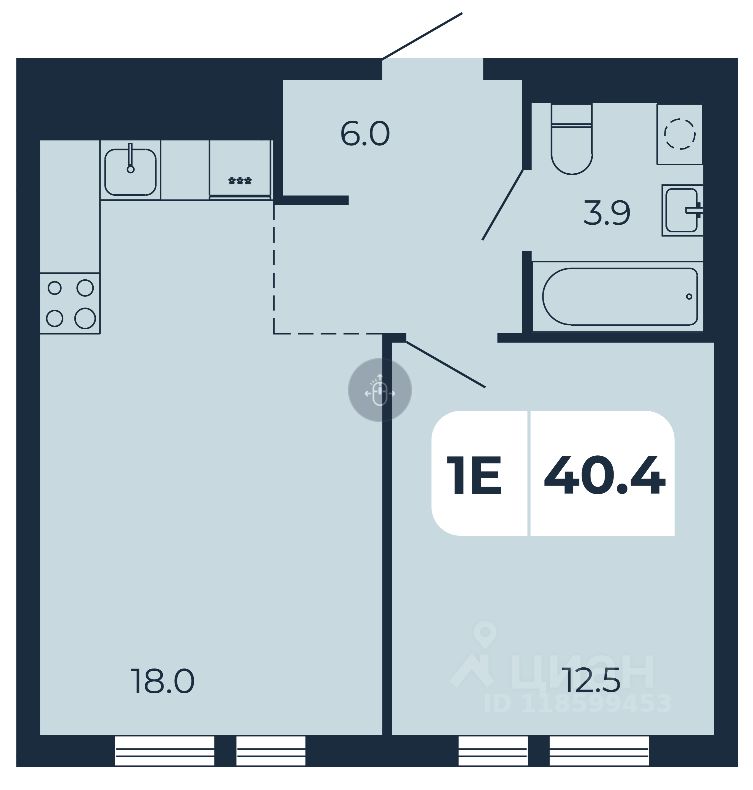 1-комн.кв., 40,4 м², 16/17 этаж