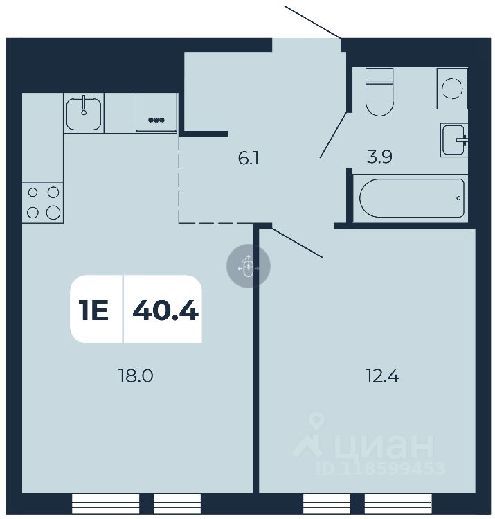 1-комн.кв., 40,4 м², 15/17 этаж