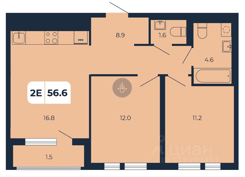 2-комн.кв., 56,6 м², 17/17 этаж