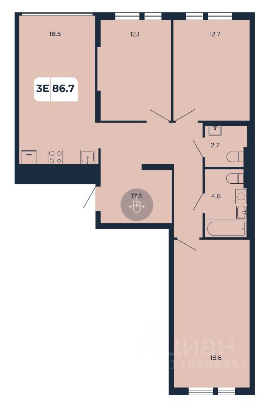 3-комн.кв., 86,7 м², 2/17 этаж