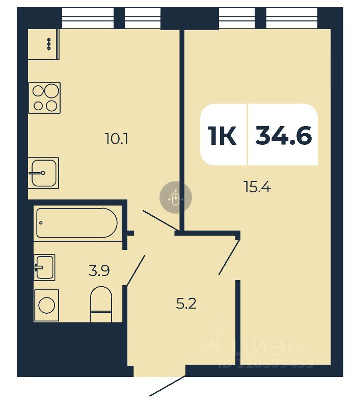 1-комн.кв., 34,6 м², 9/17 этаж