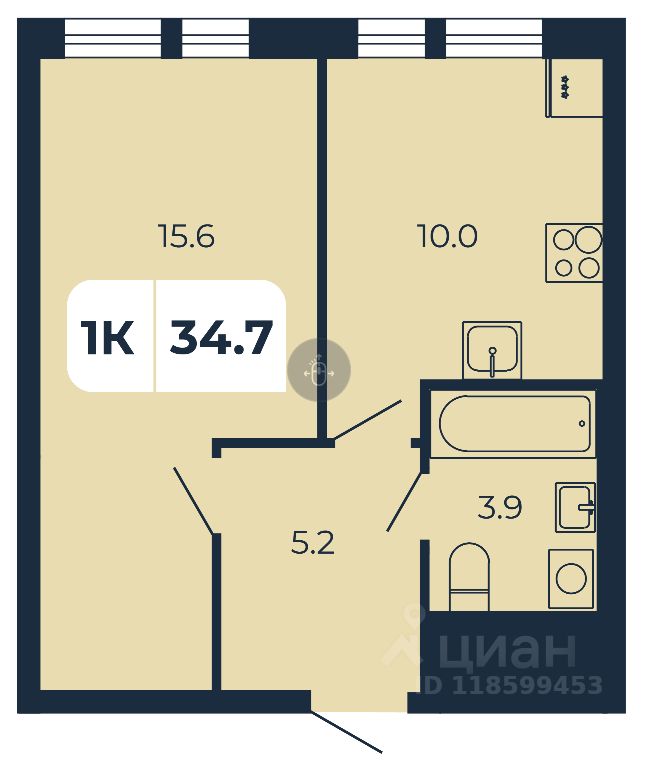 1-комн.кв., 34,7 м², 16/17 этаж