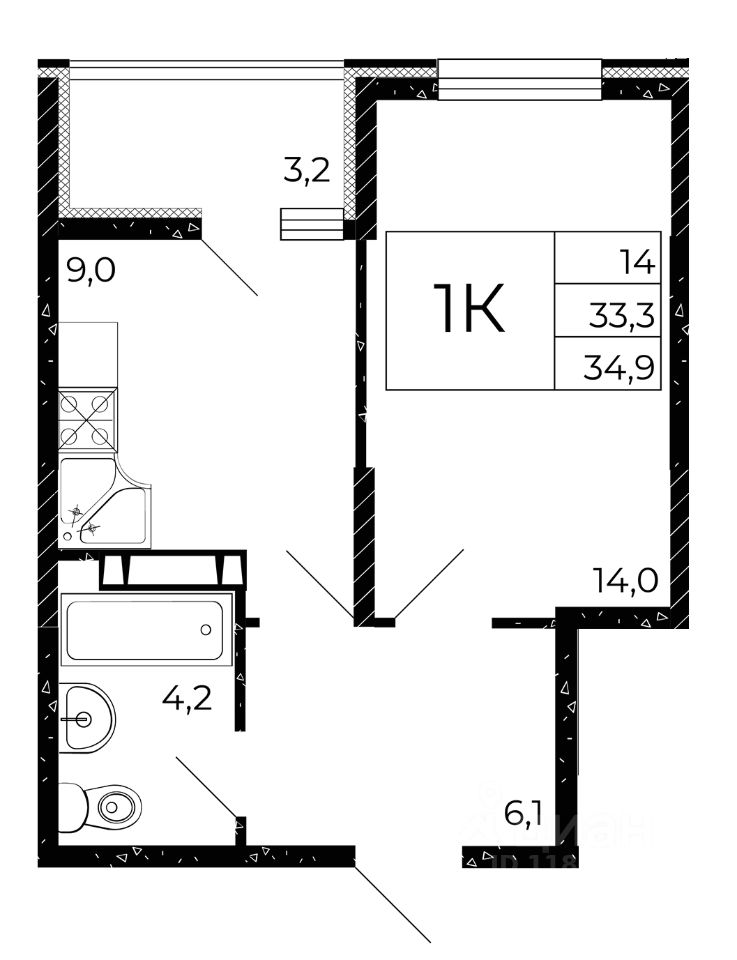 1-комн.кв., 34,9 м², 3/15 этаж