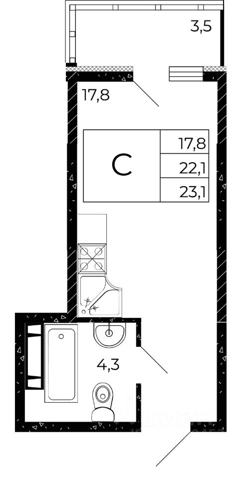 Студия, 23,1 м², 4/15 этаж