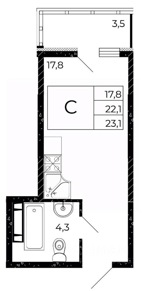 Студия, 23,1 м², 14/15 этаж