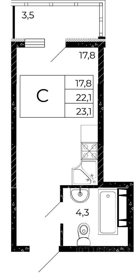 Студия, 23,1 м², 6/15 этаж