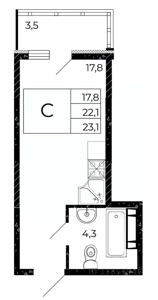 Студия, 23,1 м², 13/15 этаж