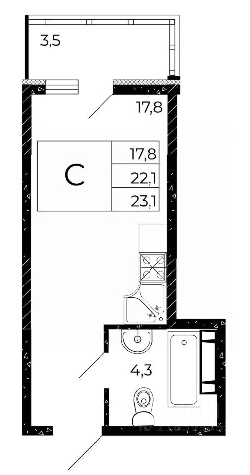 Студия, 23,1 м², 14/15 этаж