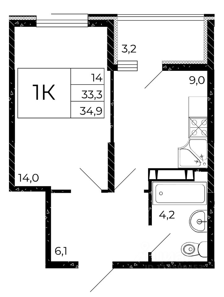1-комн.кв., 34,9 м², 9/15 этаж